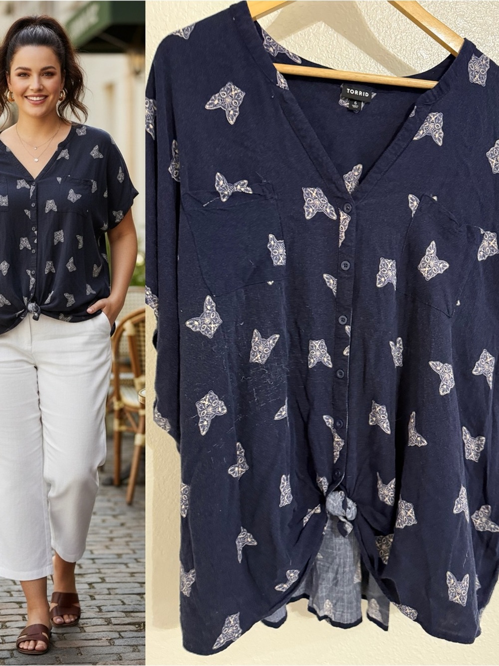 Torrid Navy Dog Print Tie Front Blouse Women’s Size 6 Plus Size Frenchie Top